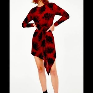 Red mini dress with green velvet detail